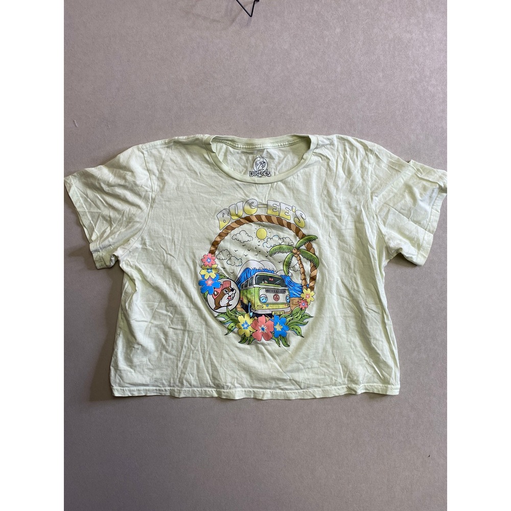 Buc-ees Women 2XL Pale Green Beach Surf Van Graphic T-Shirt Short Sleeve Cotton